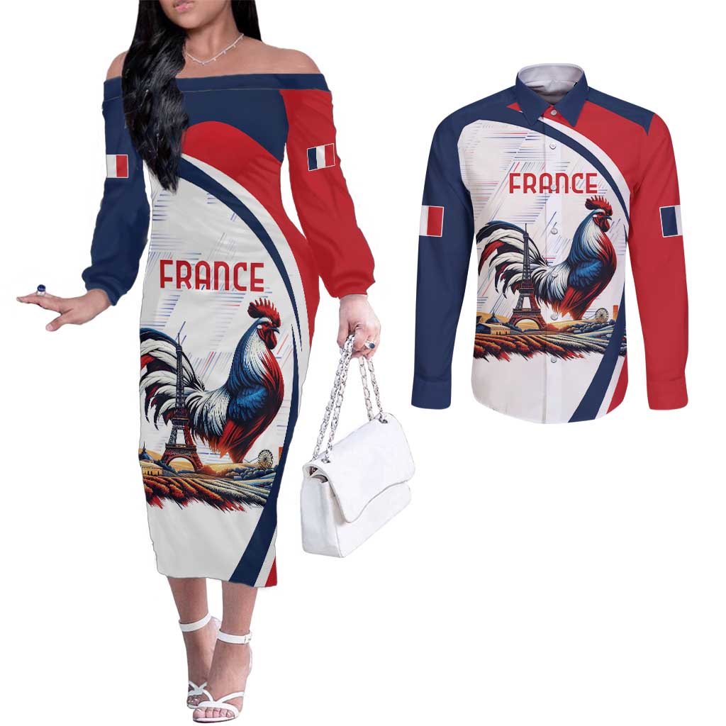 Personalized France Couples Matching Off The Shoulder Long Sleeve Dress and Long Sleeve Button Shirt French Rooster With Eiffel Tower