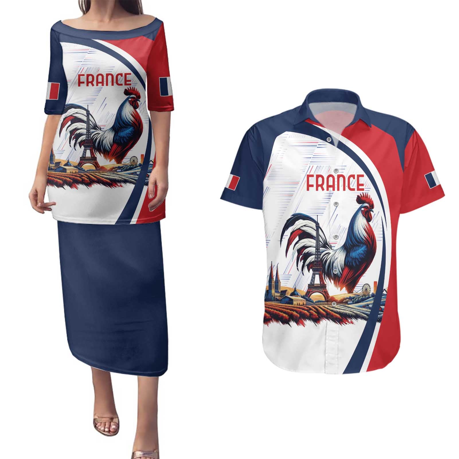 Personalized France Couples Matching Puletasi and Hawaiian Shirt French Rooster With Eiffel Tower - Wonder Print Shop