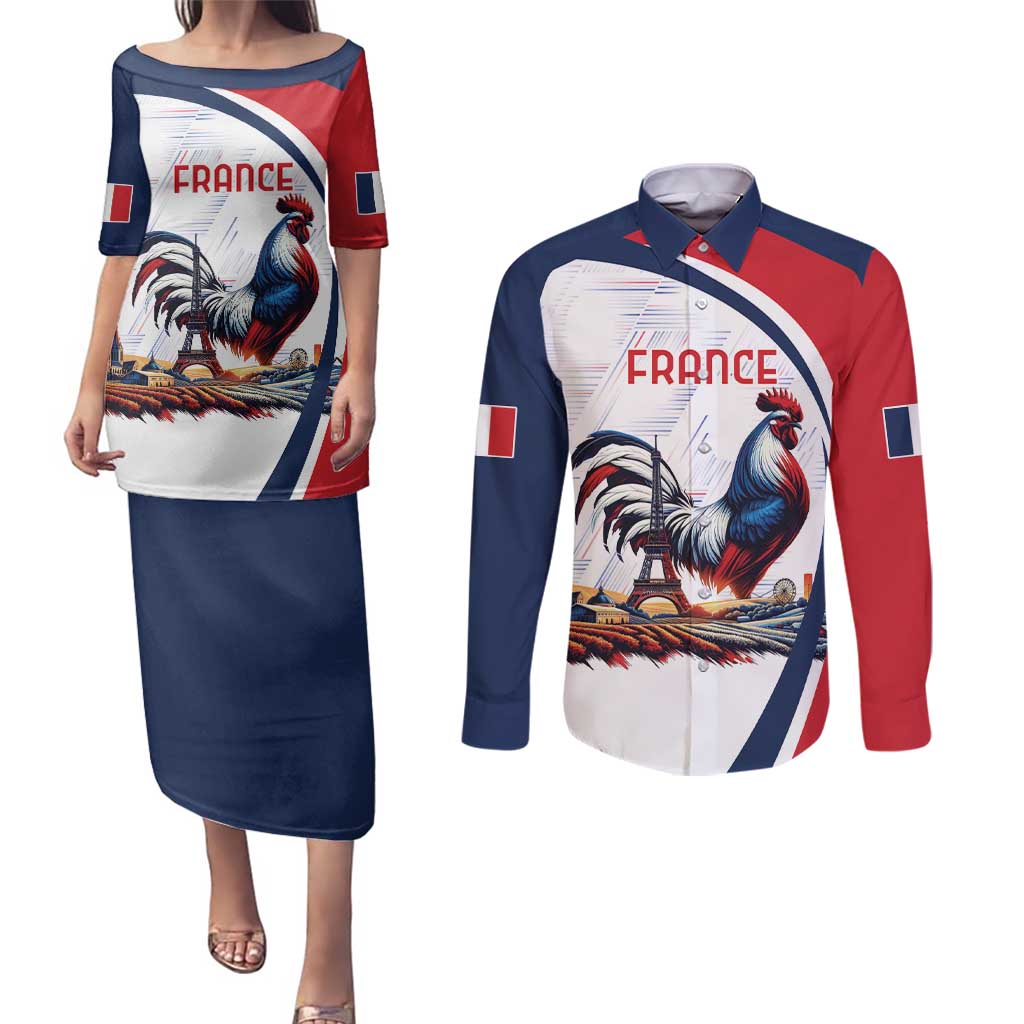 Personalized France Couples Matching Puletasi and Long Sleeve Button Shirt French Rooster With Eiffel Tower - Wonder Print Shop