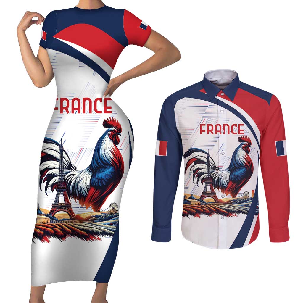 Personalized France Couples Matching Short Sleeve Bodycon Dress and Long Sleeve Button Shirt French Rooster With Eiffel Tower - Wonder Print Shop