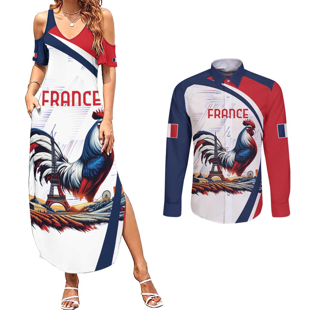 Personalized France Couples Matching Summer Maxi Dress and Long Sleeve Button Shirt French Rooster With Eiffel Tower - Wonder Print Shop