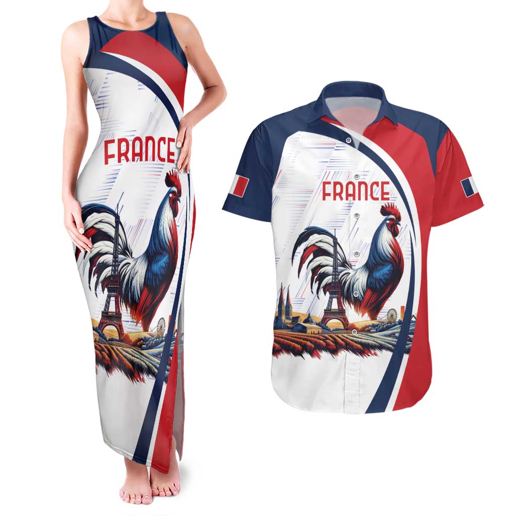 Personalized France Couples Matching Tank Maxi Dress and Hawaiian Shirt French Rooster With Eiffel Tower - Wonder Print Shop