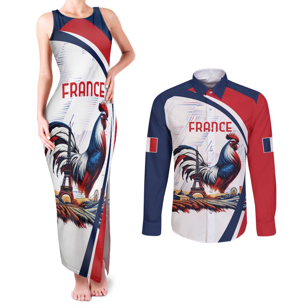 Personalized France Couples Matching Tank Maxi Dress and Long Sleeve Button Shirt French Rooster With Eiffel Tower - Wonder Print Shop