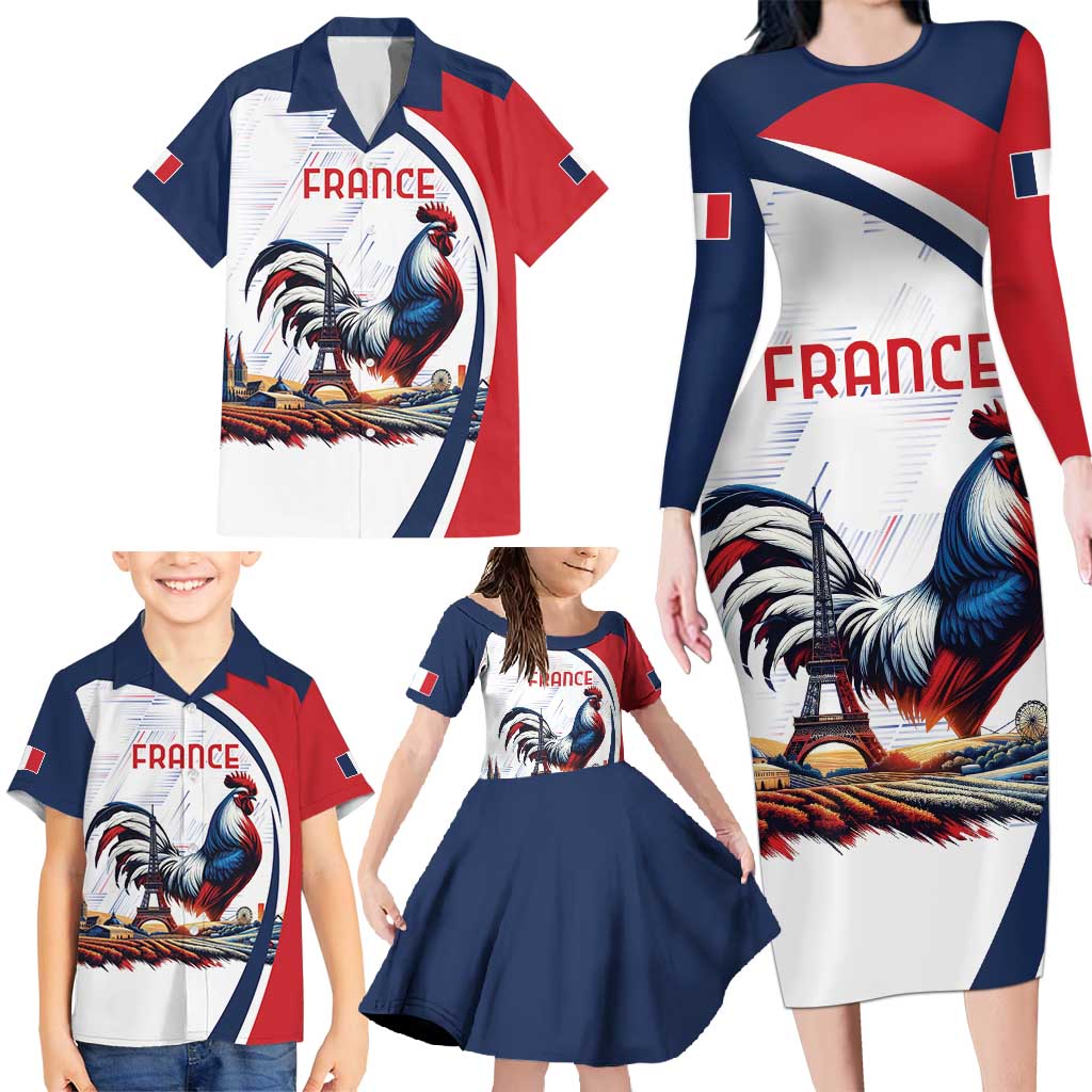 Personalized France Family Matching Long Sleeve Bodycon Dress and Hawaiian Shirt French Rooster With Eiffel Tower - Wonder Print Shop