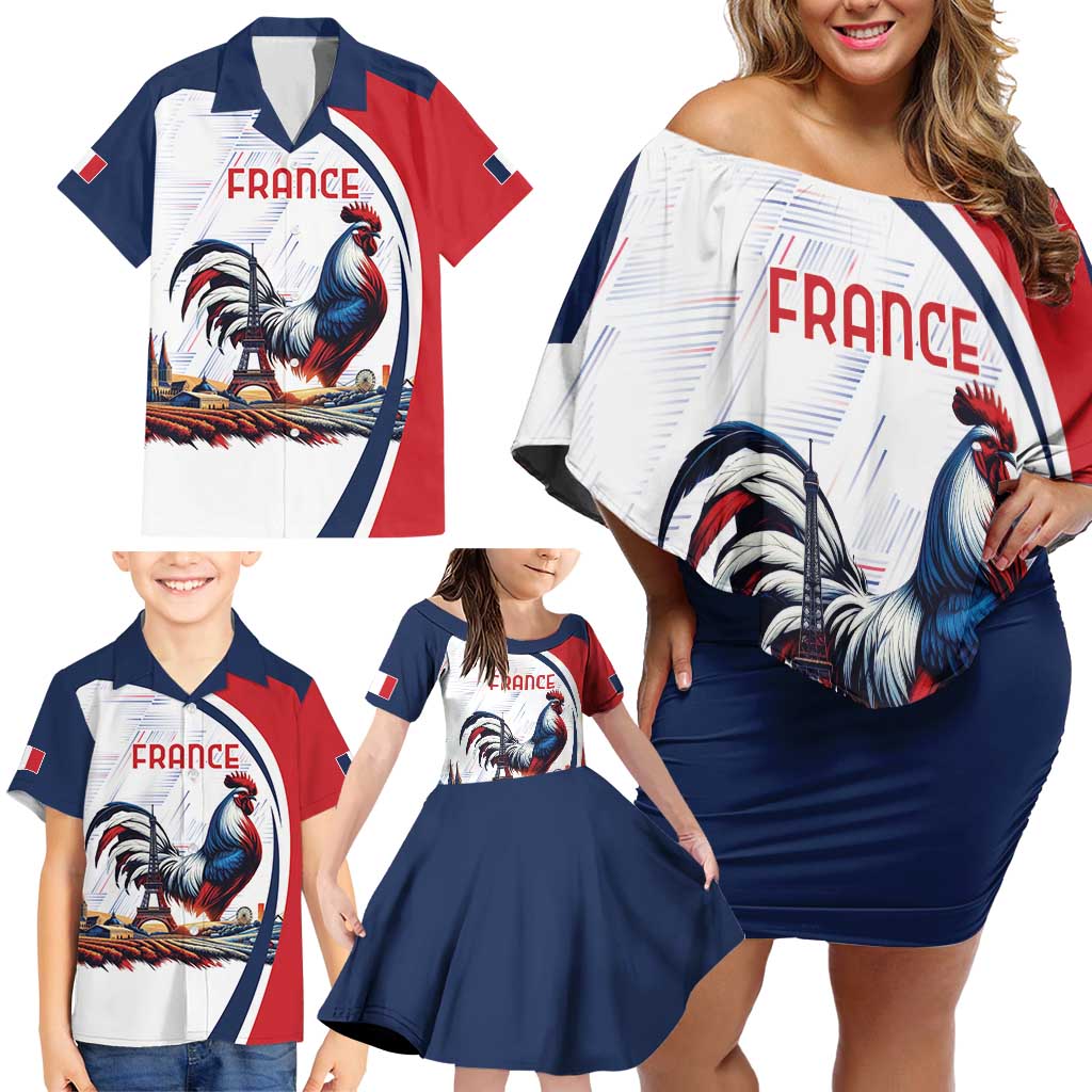 Personalized France Family Matching Off Shoulder Short Dress and Hawaiian Shirt French Rooster With Eiffel Tower - Wonder Print Shop