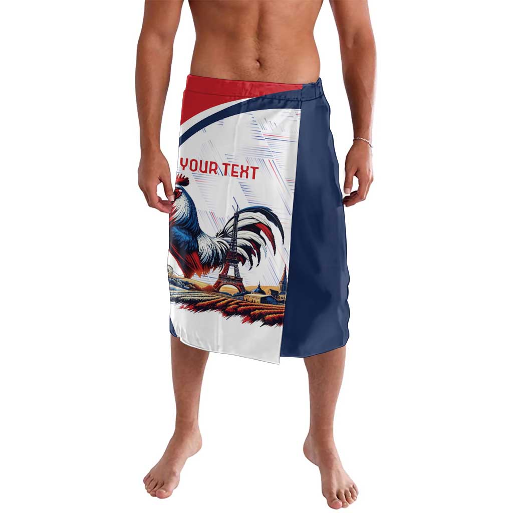 Blue and white rooster Eiffel graphic wrap shorts with red waistband