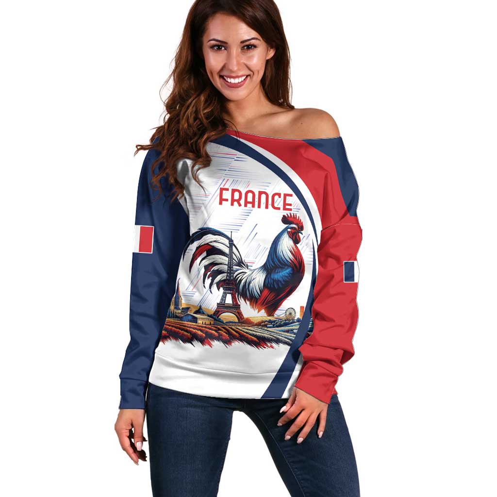 Personalized France Off Shoulder Sweater French Rooster With Eiffel Tower