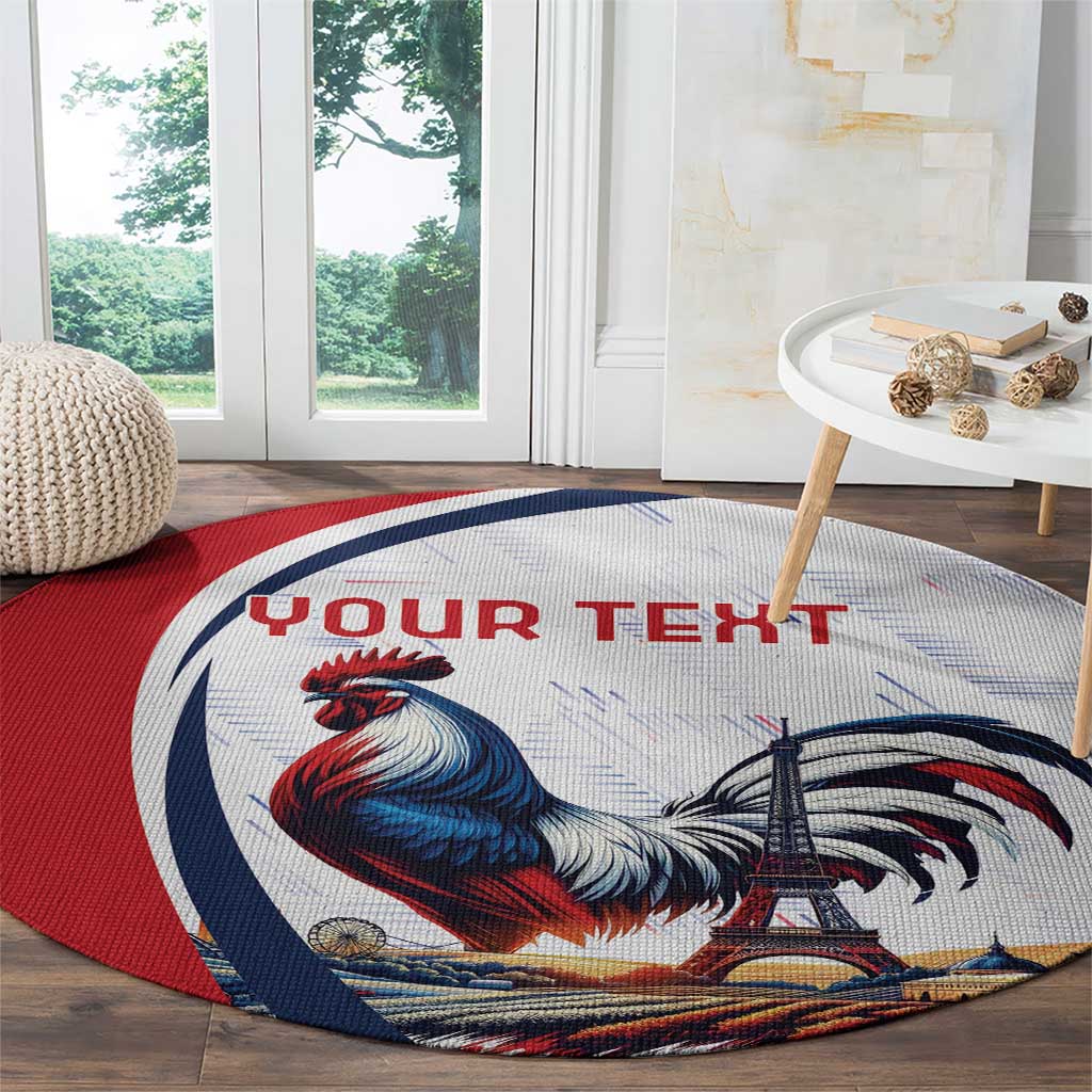 Round France rug on hardwood with rooster and Eiffel Tower graphic, red blue edge