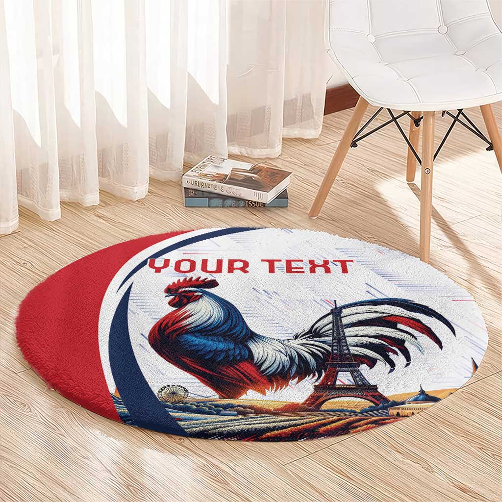 Round France rug with rooster and Eiffel Tower print, personalized 'YOUR TEXT' at center