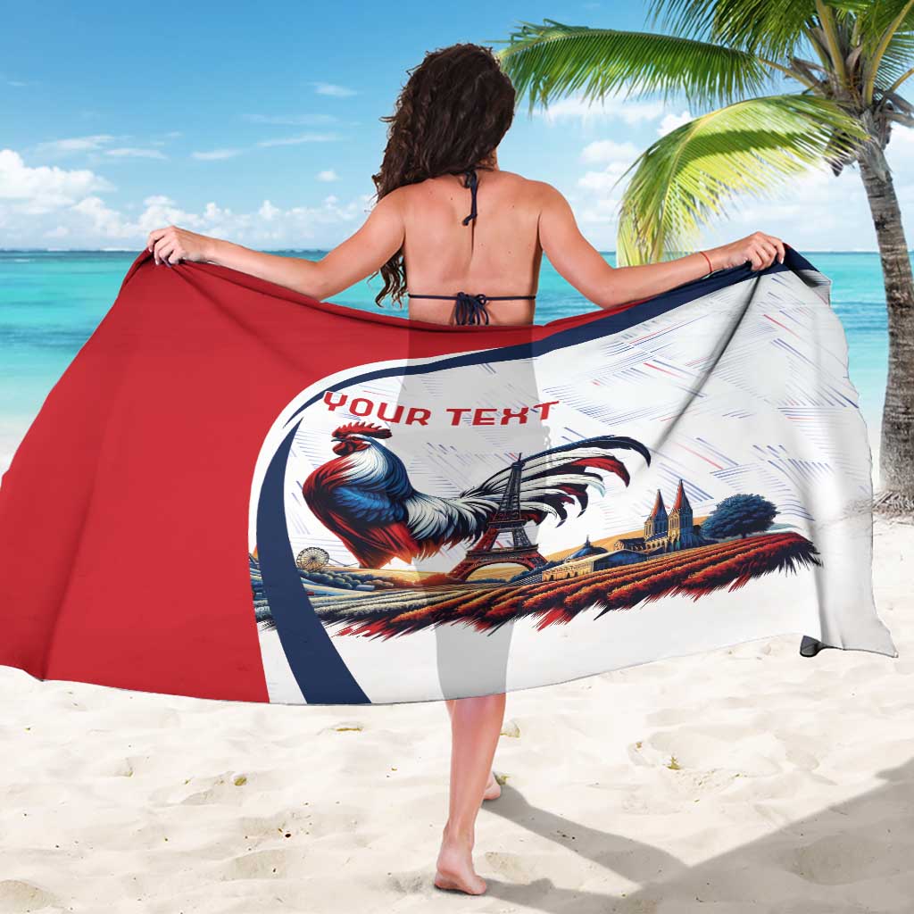Personalized rooster sarong with 'YOUR TEXT' and skyline print, red white navy, worn