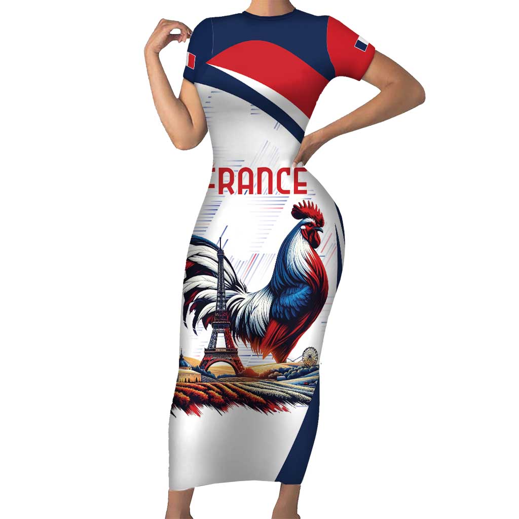 Personalized France Short Sleeve Bodycon Dress French Rooster With Eiffel Tower - Wonder Print Shop