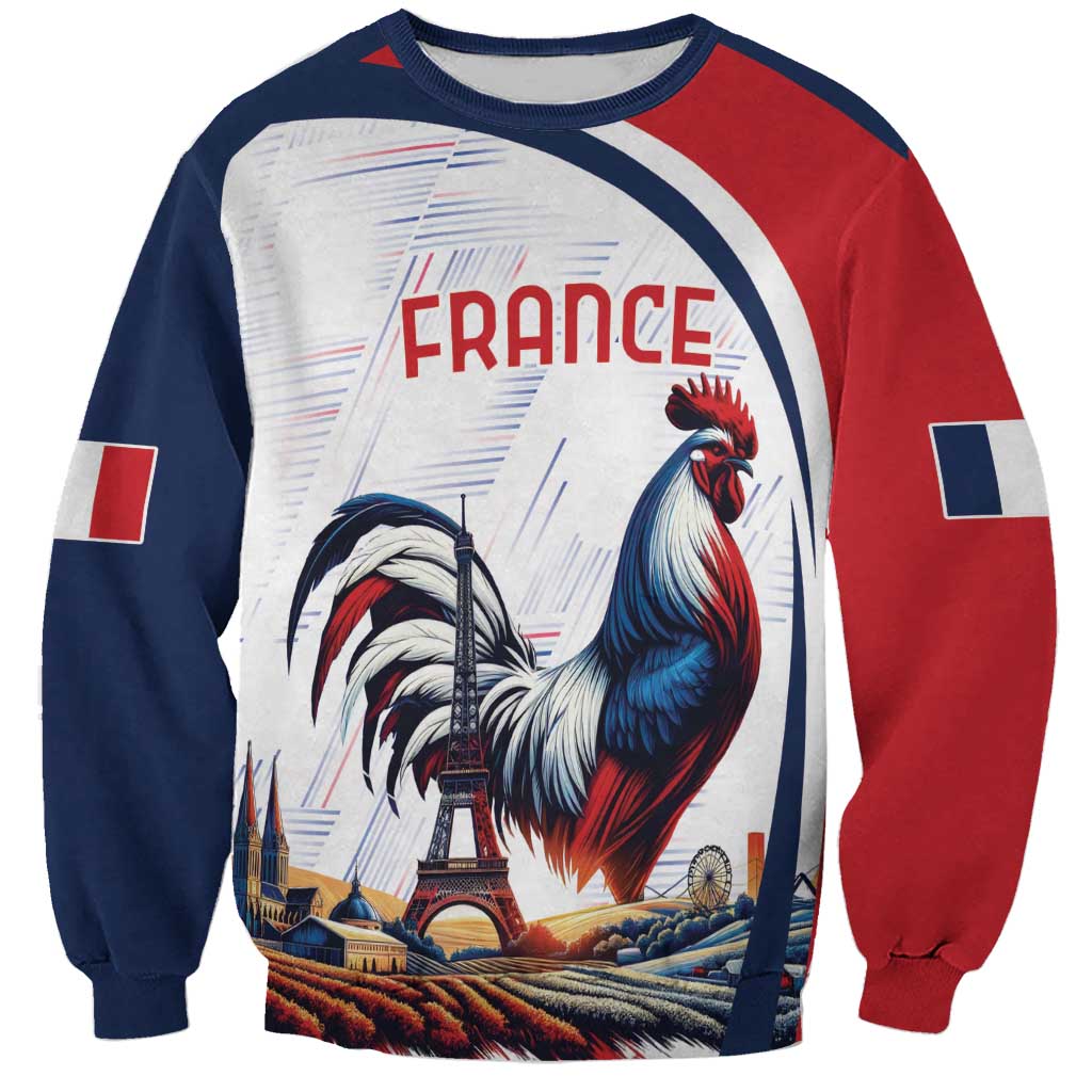 Colorblock sweatshirt with rooster and Eiffel Tower graphic, FRANCE text, crew neck