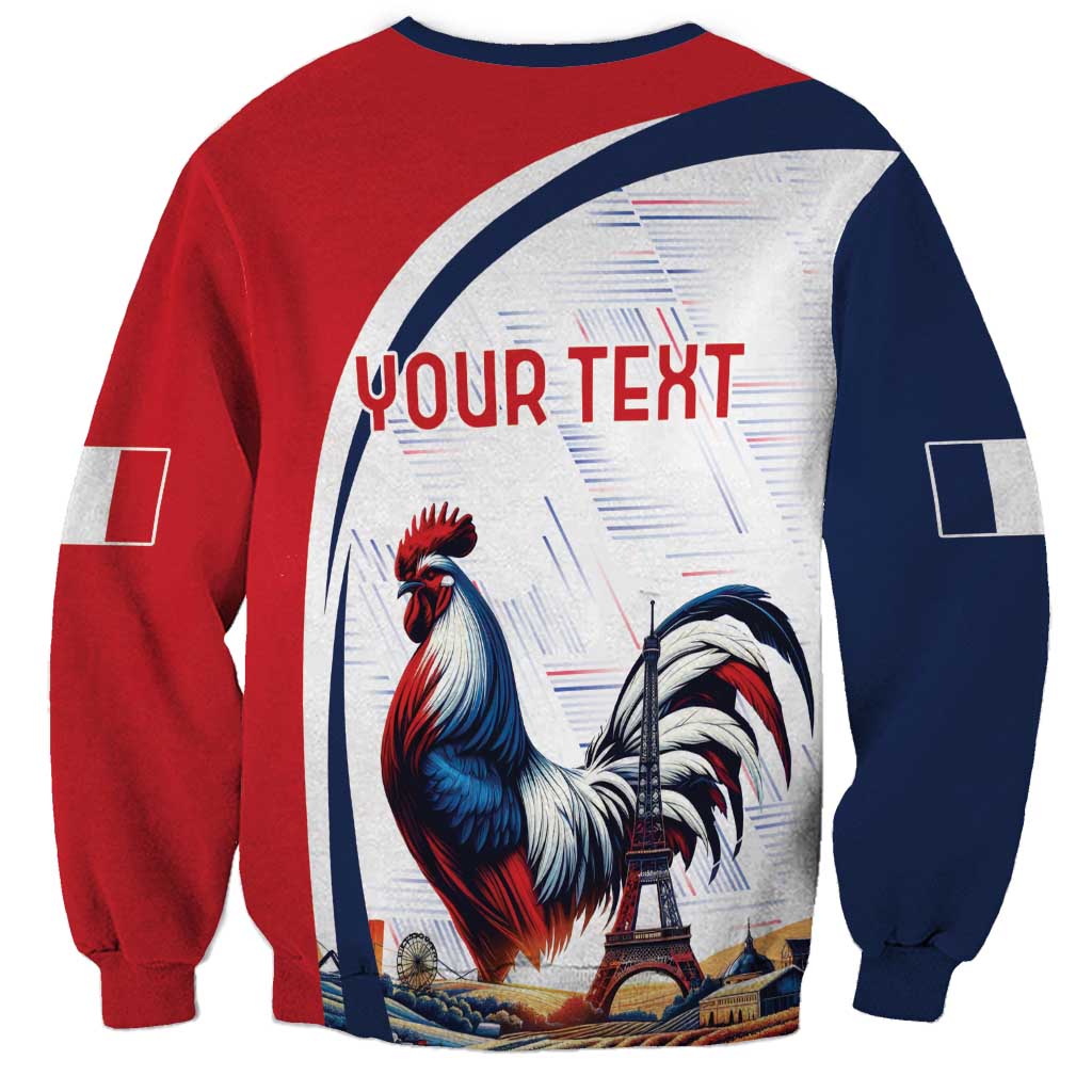 Colorblock sweatshirt with rooster and Eiffel Tower graphic, YOUR TEXT panel, crew neck