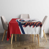 Personalized rooster and Eiffel Tower tablecloth, red and blue with white center, on dining table