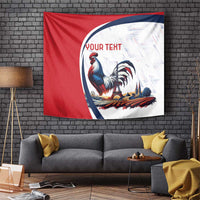Personalized France tapestry with red background, blue rooster, Eiffel Tower and text