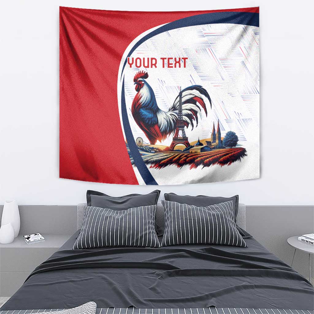 Personalized France tapestry: red-and-white design with blue rooster, Eiffel Tower, text
