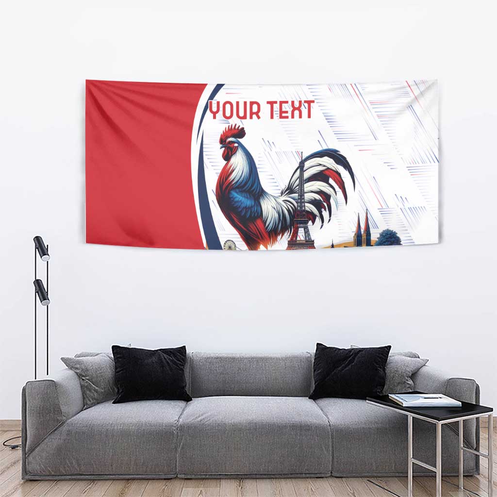 Personalized France tapestry showing blue rooster artwork, Eiffel Tower skyline and text