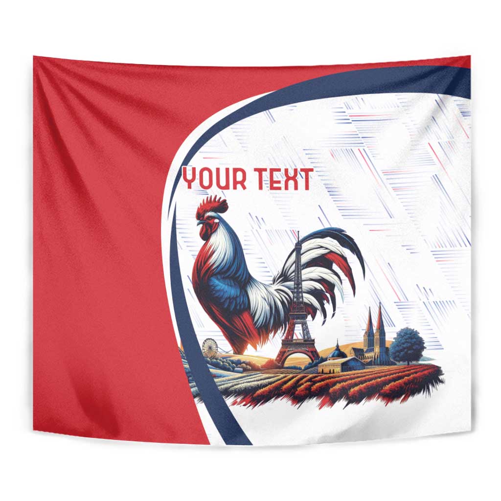 Personalized France tapestry close-up: red fabric, blue rooster, Eiffel Tower, "YOUR TEXT"