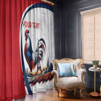 Rooster and Eiffel Tower curtain panels, red and white, blue rooster with “YOUR TEXT”