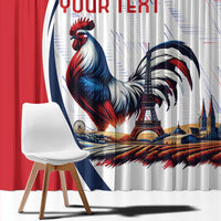 Rooster and Eiffel Tower window curtain, red-white-blue print with “YOUR TEXT” headline