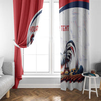 Rooster and Eiffel Tower curtain panels, red and white with blue rooster, “YOUR TEXT”