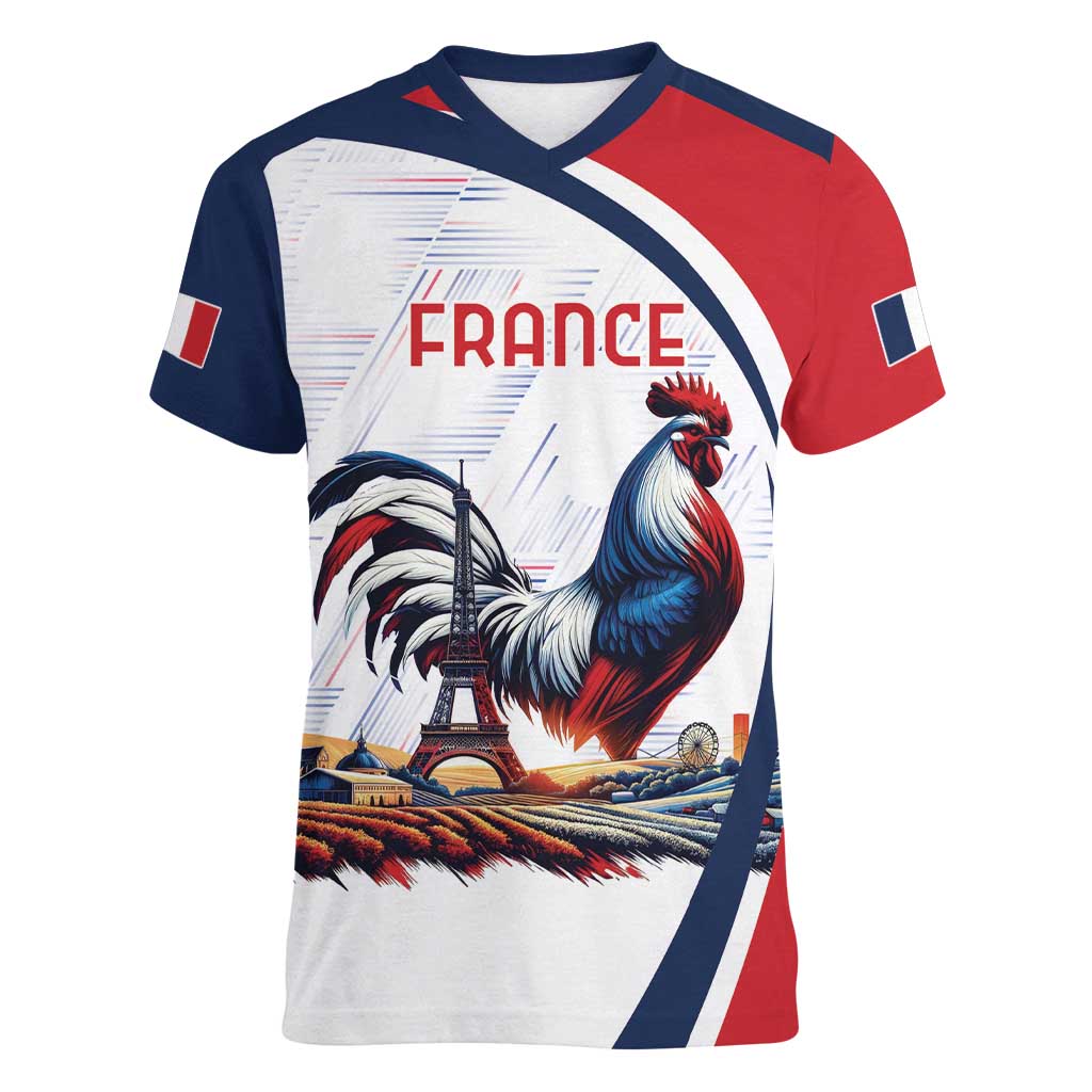 Personalized France Women V-Neck T-Shirt French Rooster With Eiffel Tower - Wonder Print Shop