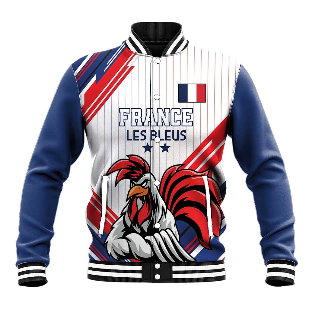 Baseball jacket with rooster mascot and France team graphic on front, red-white-blue stripes