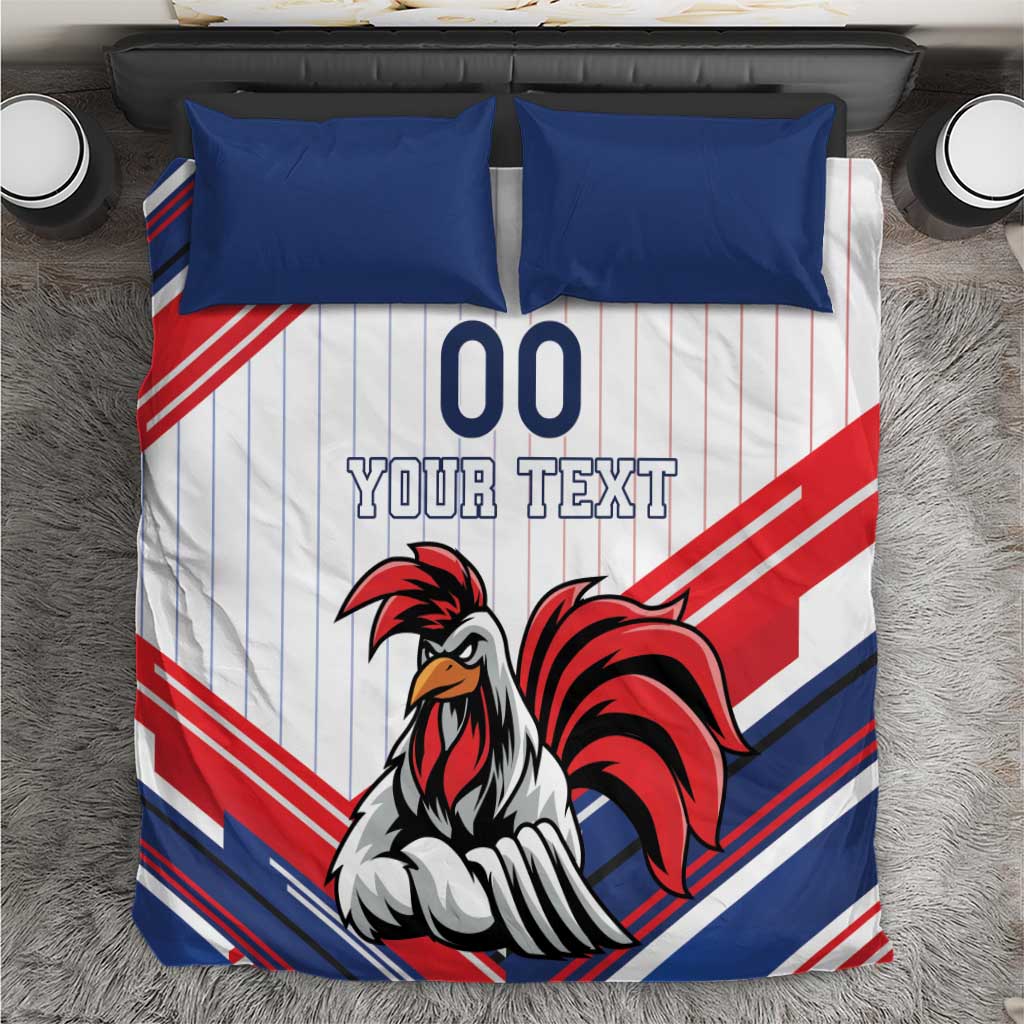 French rooster bedding set with blue pillowcases and striped duvet, “YOUR TEXT” print