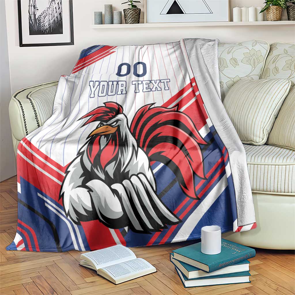 French football blanket with rooster mascot, red/white/blue stripes, YOUR TEXT