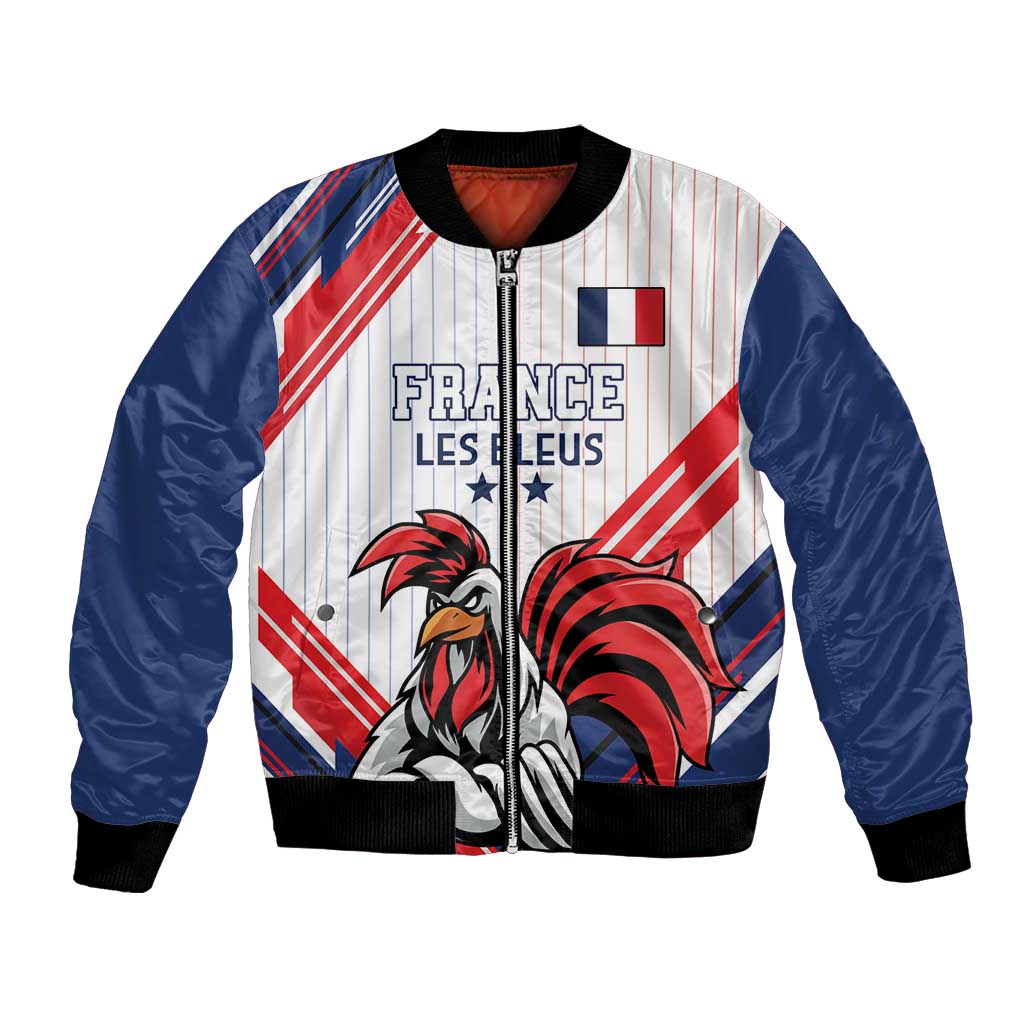 Red, blue and white French rooster graphic bomber jacket with zip and black ribbed trim