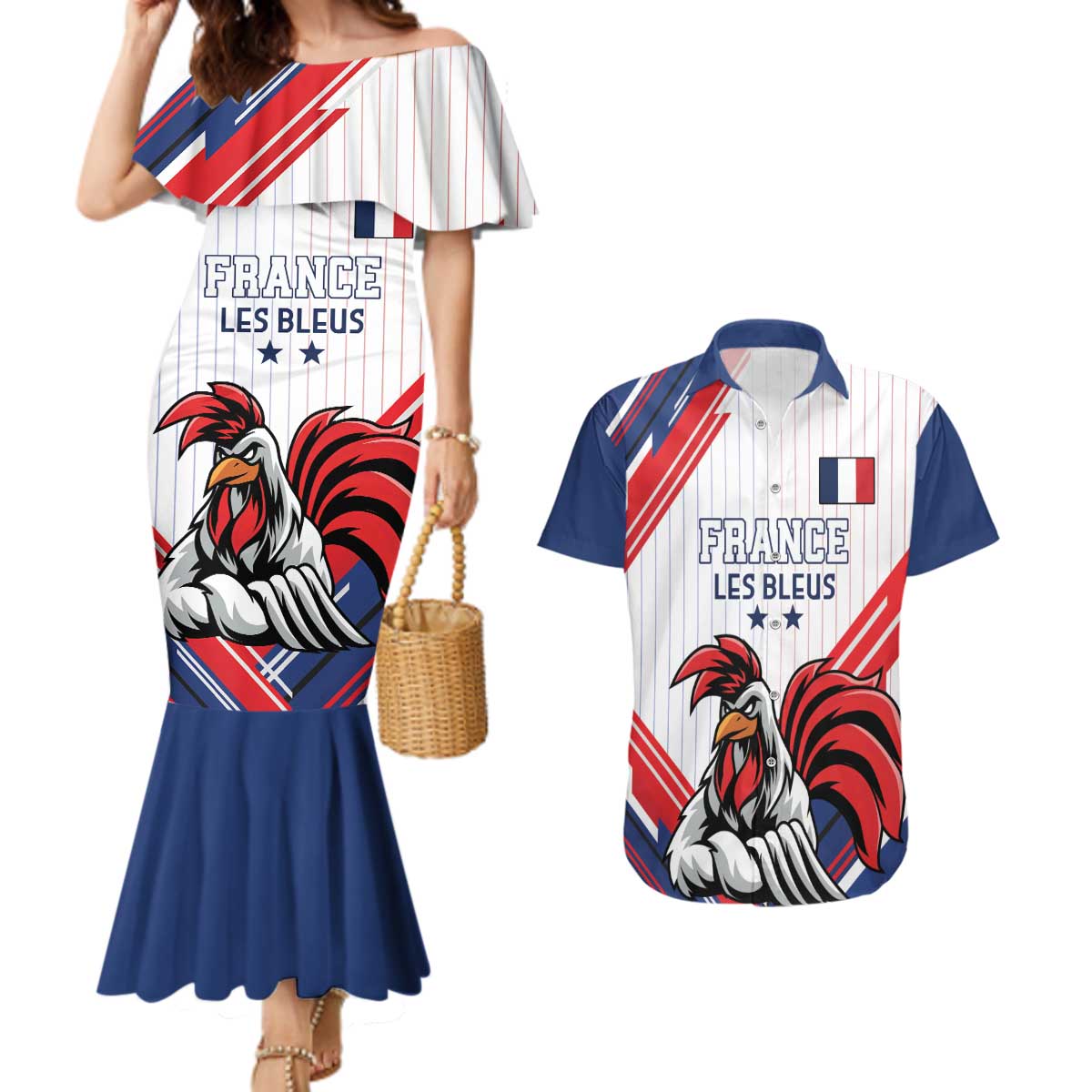 Custom French Football Couples Matching Mermaid Dress and Hawaiian Shirt France Rooster Mascot Come On Champions - Wonder Print Shop