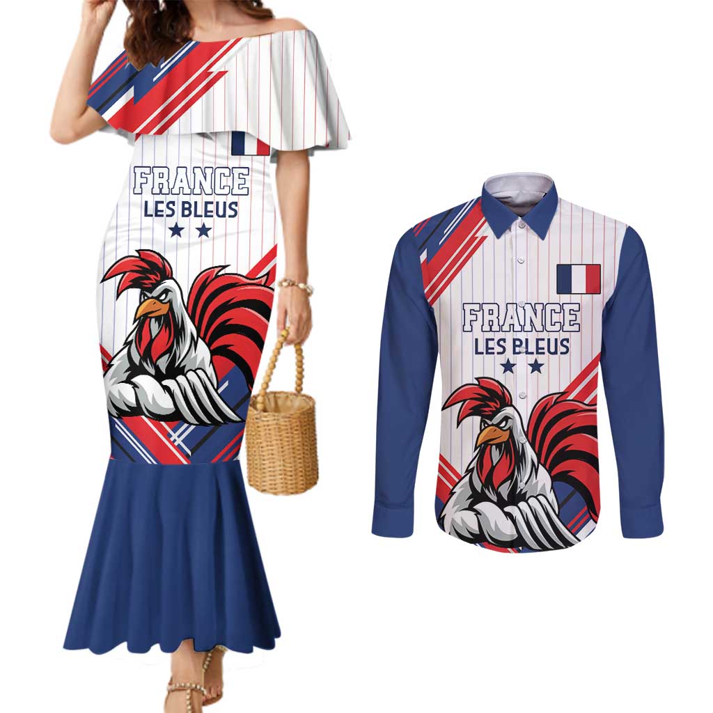 Custom French Football Couples Matching Mermaid Dress and Long Sleeve Button Shirt France Rooster Mascot Come On Champions