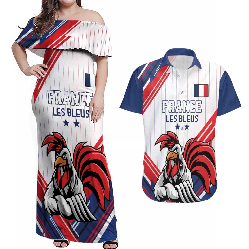 Custom French Football Couples Matching Off Shoulder Maxi Dress and Hawaiian Shirt France Rooster Mascot Come On Champions - Wonder Print Shop