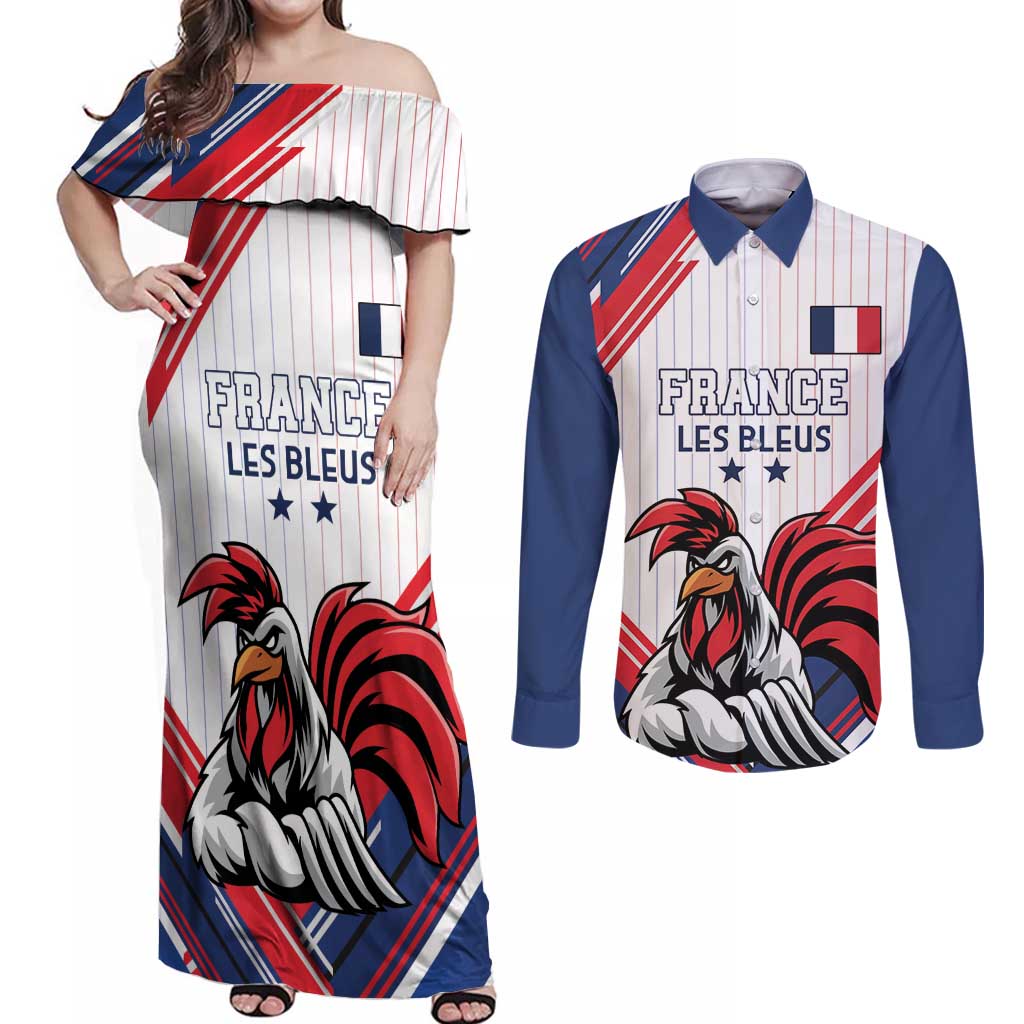 Custom French Football Couples Matching Off Shoulder Maxi Dress and Long Sleeve Button Shirt France Rooster Mascot Come On Champions - Wonder Print Shop