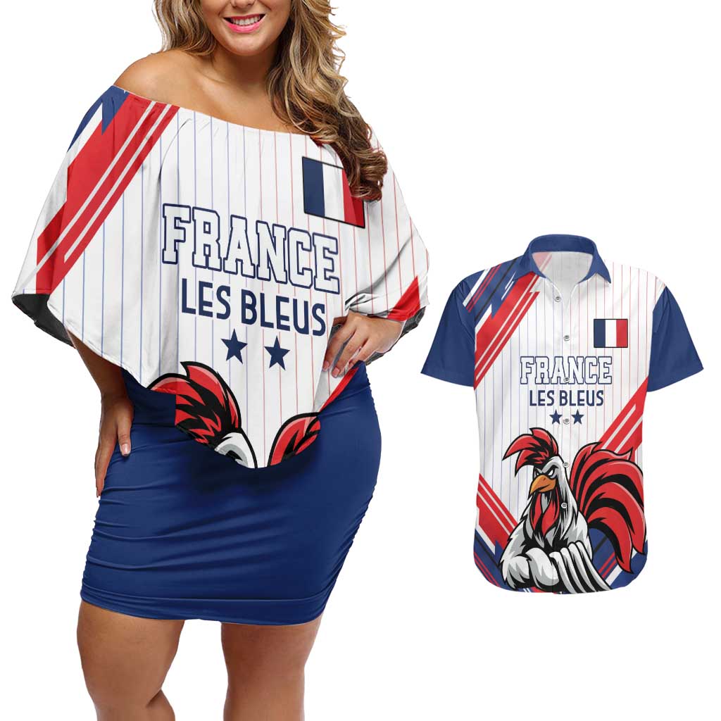 Custom French Football Couples Matching Off Shoulder Short Dress and Hawaiian Shirt France Rooster Mascot Come On Champions - Wonder Print Shop