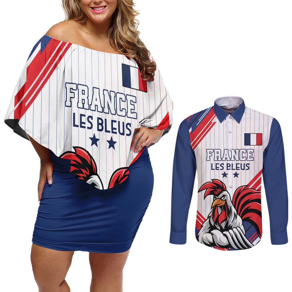 Custom French Football Couples Matching Off Shoulder Short Dress and Long Sleeve Button Shirt France Rooster Mascot Come On Champions - Wonder Print Shop