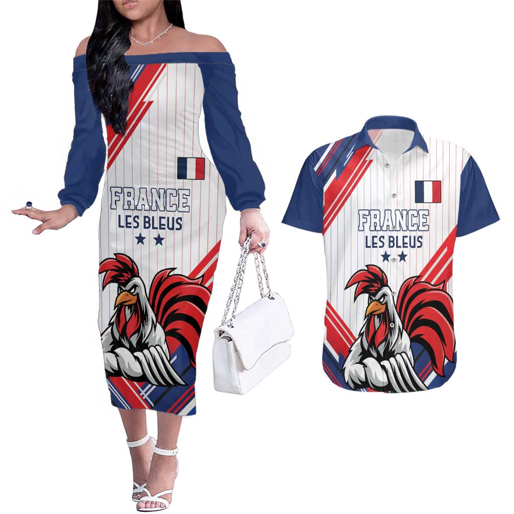 Custom French Football Couples Matching Off The Shoulder Long Sleeve Dress and Hawaiian Shirt France Rooster Mascot Come On Champions - Wonder Print Shop