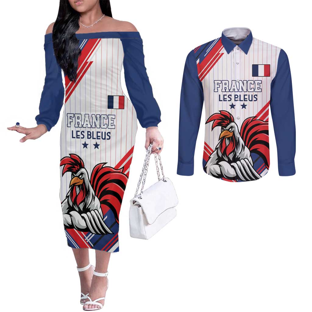 Custom French Football Couples Matching Off The Shoulder Long Sleeve Dress and Long Sleeve Button Shirt France Rooster Mascot Come On Champions