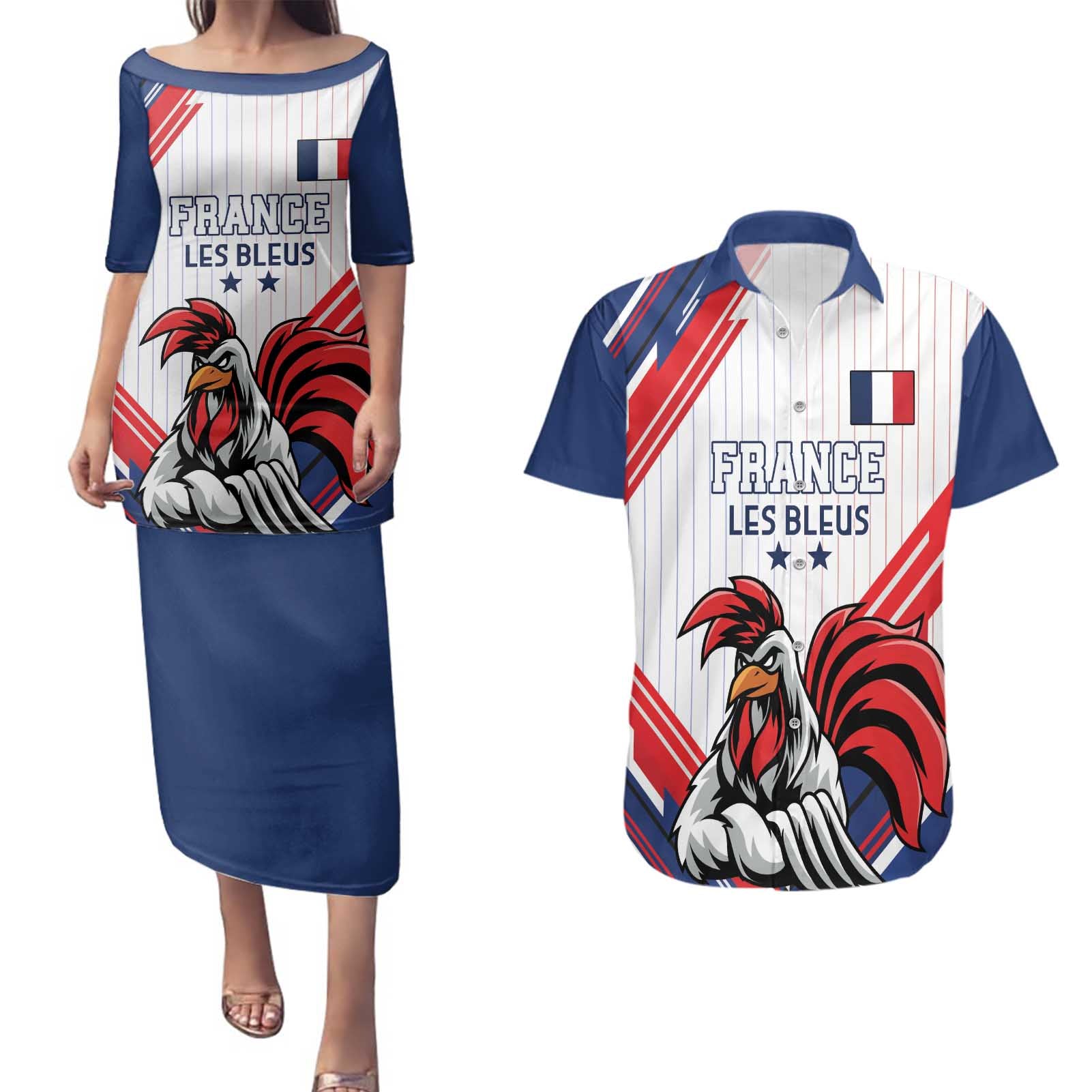 Custom French Football Couples Matching Puletasi and Hawaiian Shirt France Rooster Mascot Come On Champions - Wonder Print Shop