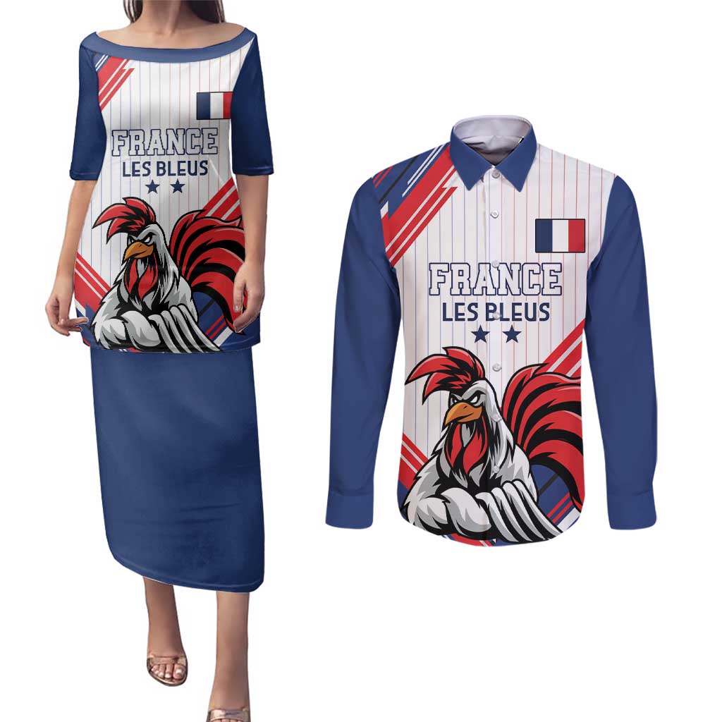 Custom French Football Couples Matching Puletasi and Long Sleeve Button Shirt France Rooster Mascot Come On Champions - Wonder Print Shop