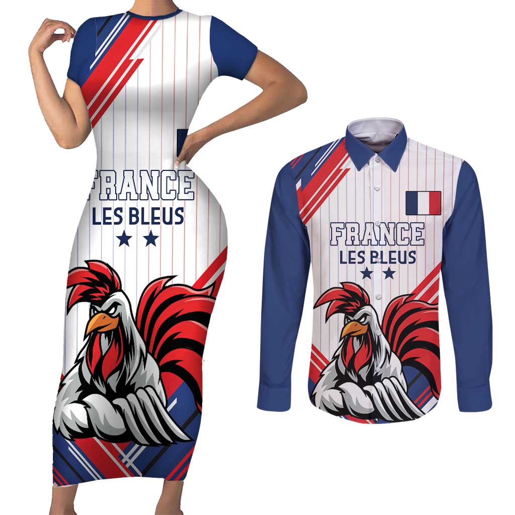 Custom French Football Couples Matching Short Sleeve Bodycon Dress and Long Sleeve Button Shirt France Rooster Mascot Come On Champions - Wonder Print Shop