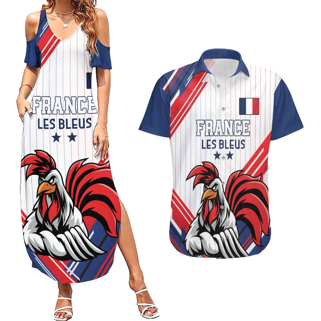 Custom French Football Couples Matching Summer Maxi Dress and Hawaiian Shirt France Rooster Mascot Come On Champions - Wonder Print Shop