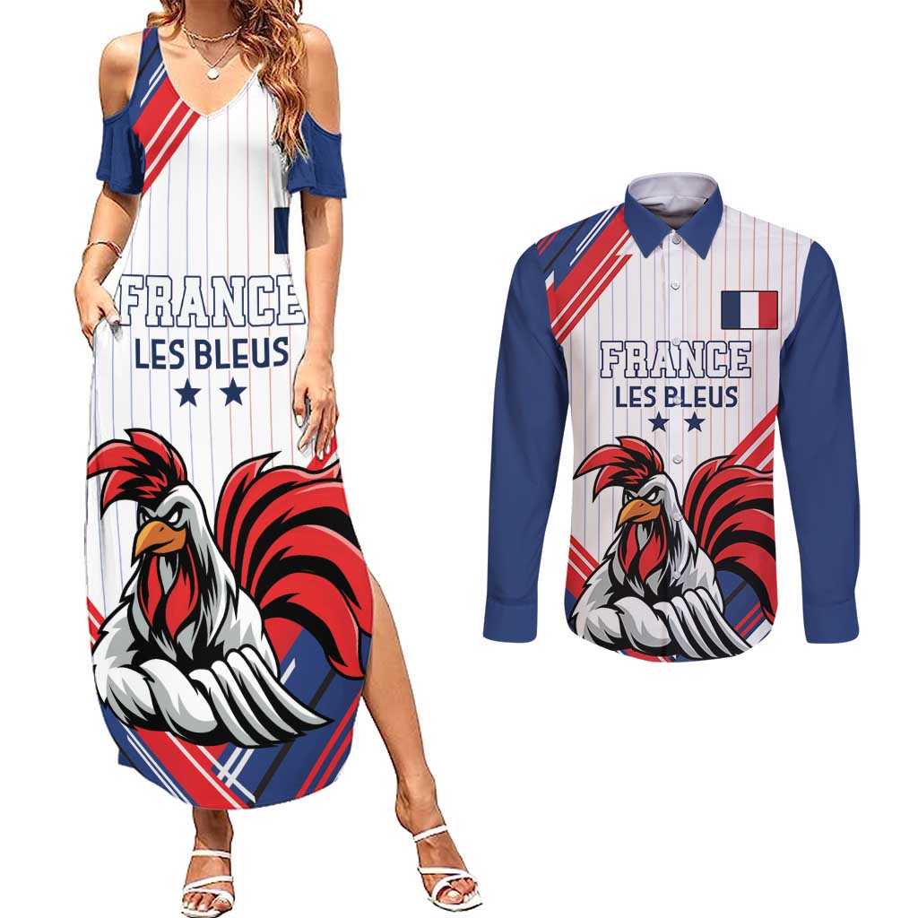 Custom French Football Couples Matching Summer Maxi Dress and Long Sleeve Button Shirt France Rooster Mascot Come On Champions - Wonder Print Shop