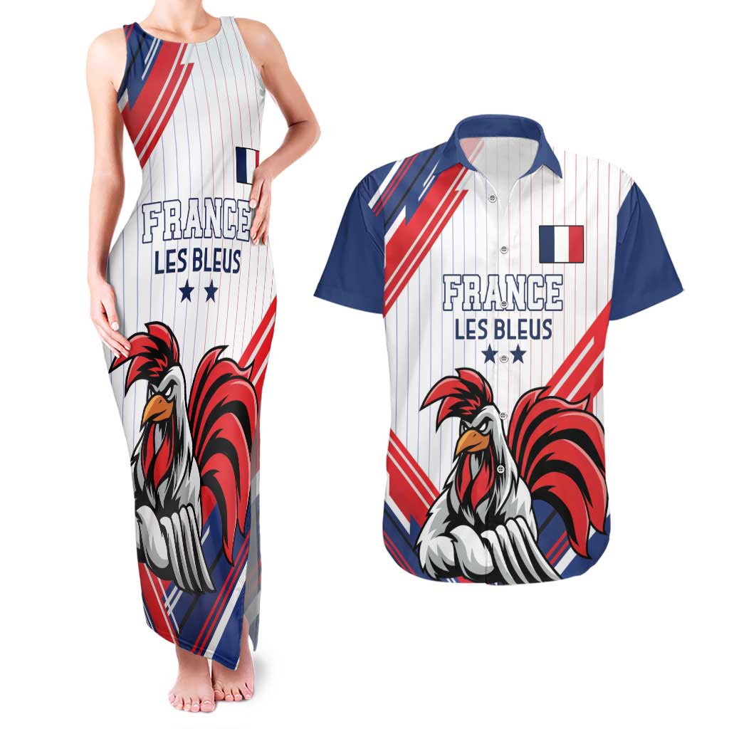 Custom French Football Couples Matching Tank Maxi Dress and Hawaiian Shirt France Rooster Mascot Come On Champions - Wonder Print Shop