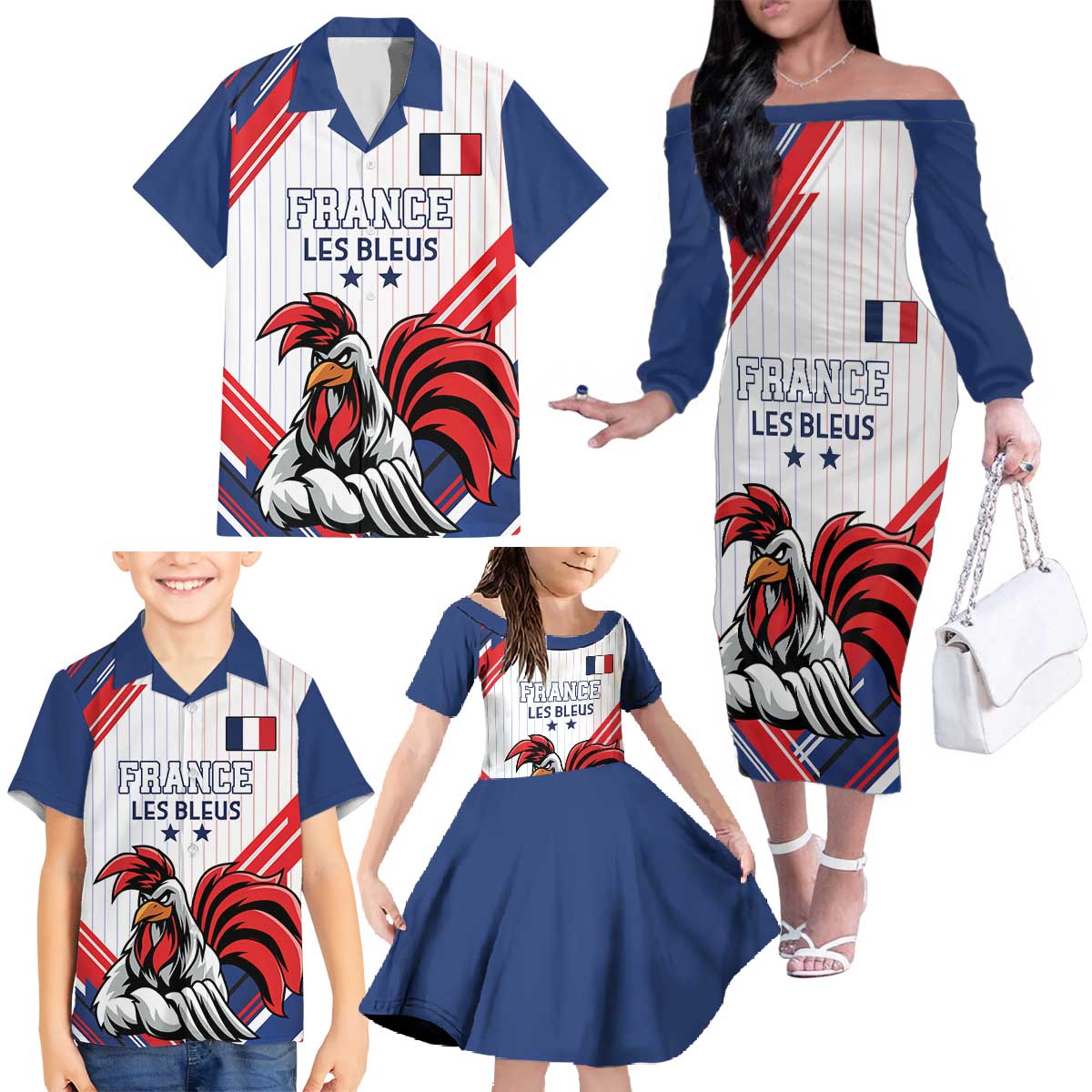 Custom French Football Family Matching Off The Shoulder Long Sleeve Dress and Hawaiian Shirt France Rooster Mascot Come On Champions - Wonder Print Shop