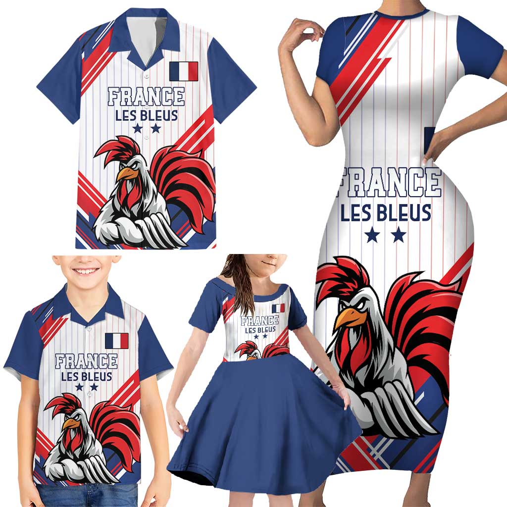 Custom French Football Family Matching Short Sleeve Bodycon Dress and Hawaiian Shirt France Rooster Mascot Come On Champions - Wonder Print Shop