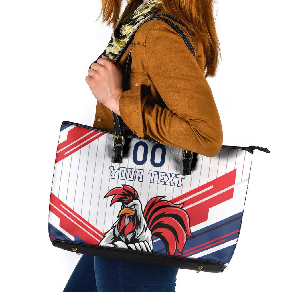 Rooster graphic tote bag with red, white, and blue stripes and black handles