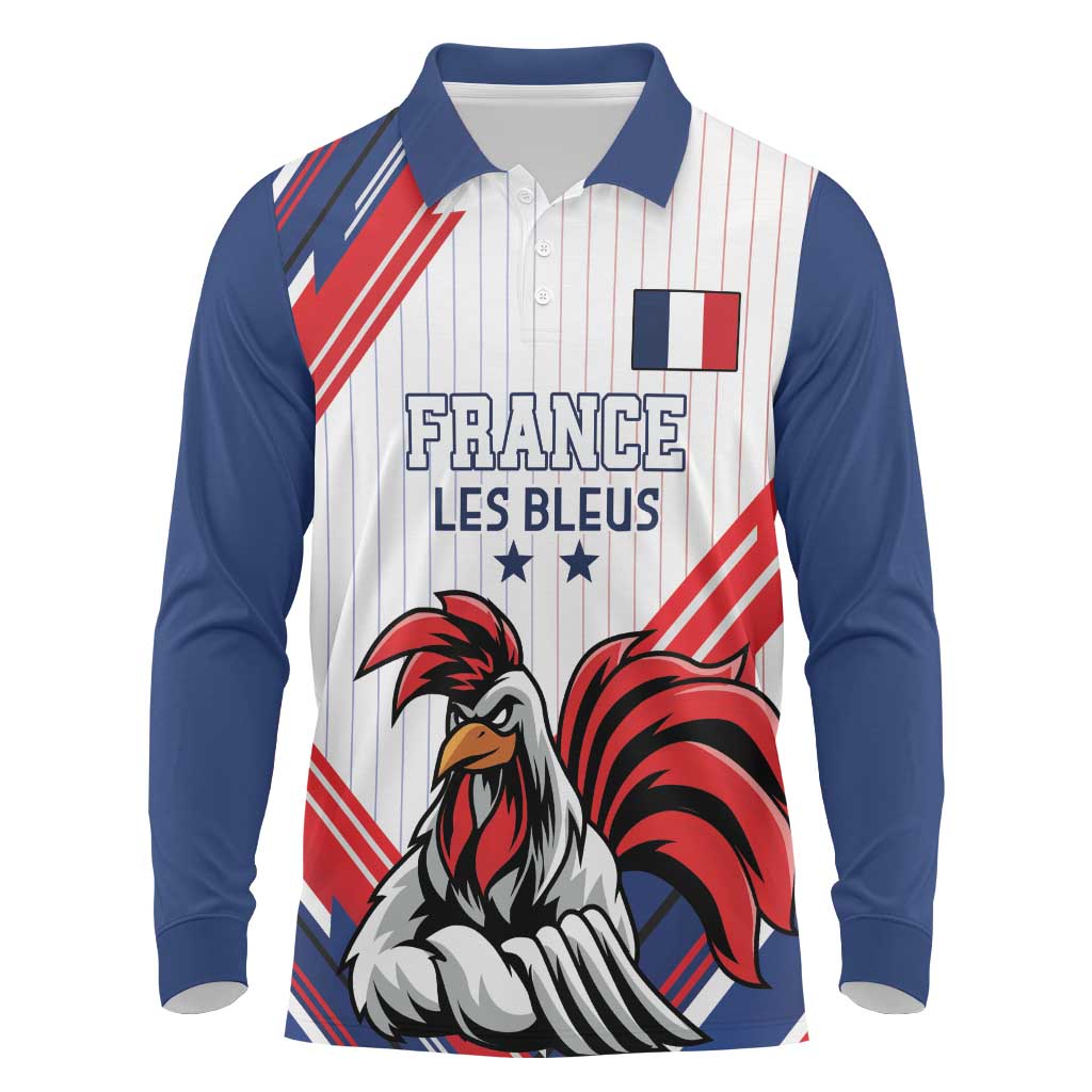 Custom French Football Long Sleeve Polo Shirt France Rooster Mascot Come On Champions - Wonder Print Shop