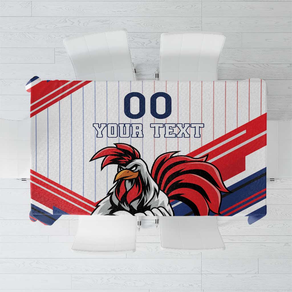 Rooster soccer tablecloth, red white and blue striped design with custom text