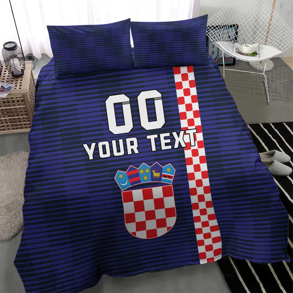 Blue striped duvet cover set with "00 YOUR TEXT" and Croatian checkerboard emblem
